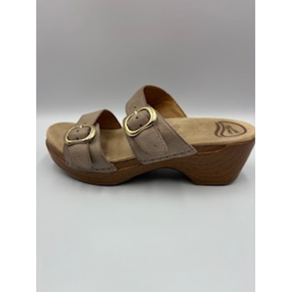 Dansko Slide Sandals Taupe Leather Double Buckle Platform Wedge Casual Size 37